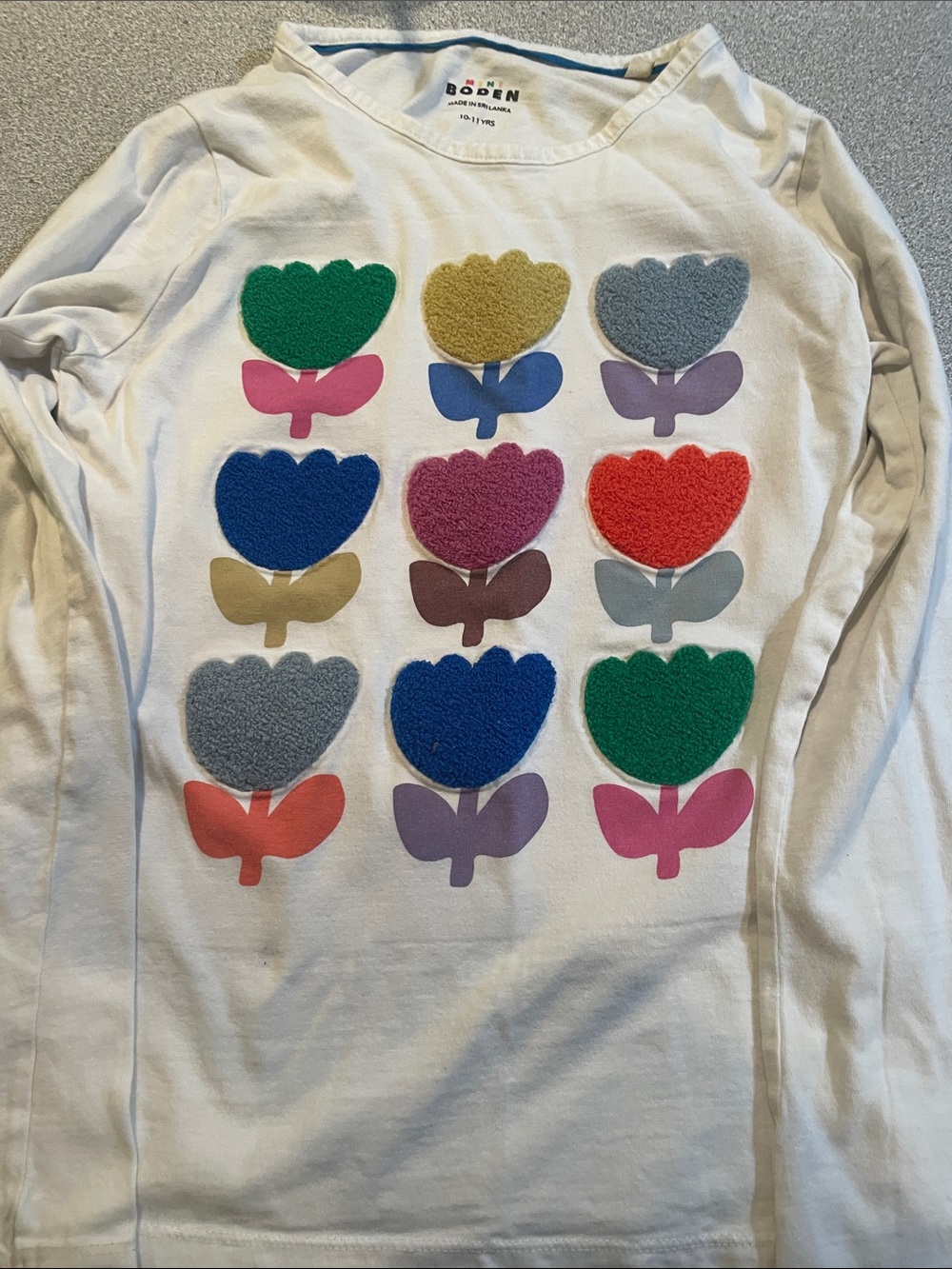 Mini Boden White Long-Sleeve Tee with Colorful Flower Appliqués